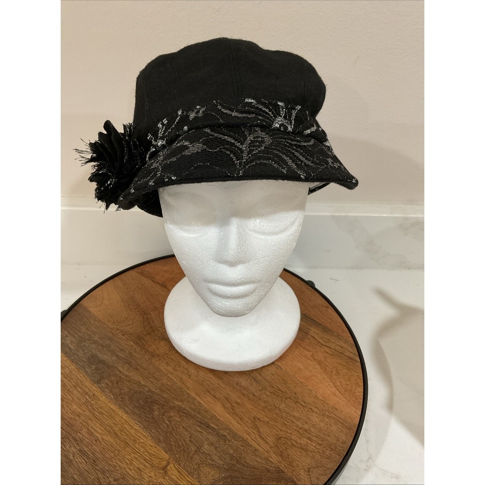Betmar New York Vintage Woman's Black Lace Hat with lace flower  poly & wool